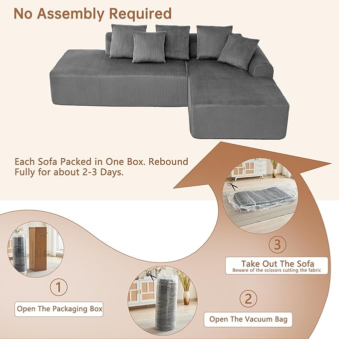108 '' W Boneless Couch with L-Shape Chaise,No Assembly Required, Upholstery Corduroy Cloud Couch with Deep Seats and 5 Pillows Back, Free Combination (Grey)