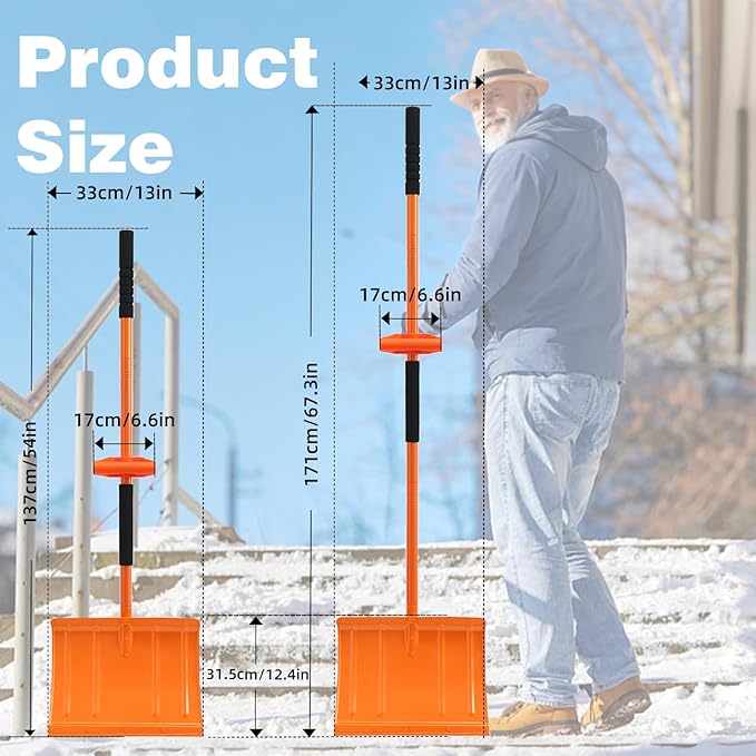 67 Inch Snow Shovel for Driveway with Heavy Duty Ergonomic Labor-Saving Assisted Handle, Removing Snow and Ice for Outdoor, Car, Yard, Emergency,Large Snow Shovel