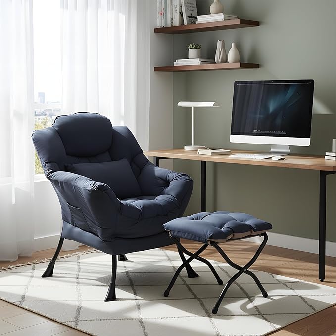 Furlide Lazy Chair with Ottoman, Modern Lounge Chair with Lumbar Pillow, Accent Cozy Reading Armchair and Folding Footstool for Bedroom, Dorm, Living Room,Navy