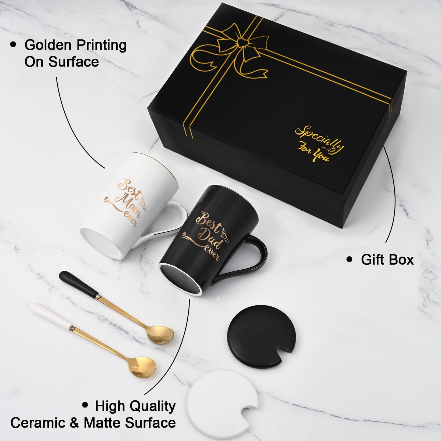 YHRJWN Mom and Dad Gifts, Best Dad and Mom Mug, Christmas Birthday Gifts for Parents from Daughter Son New Parent Couple Gift Set, Christmas 14 Oz Coffee Mug with Gift Box Coaster Spoon