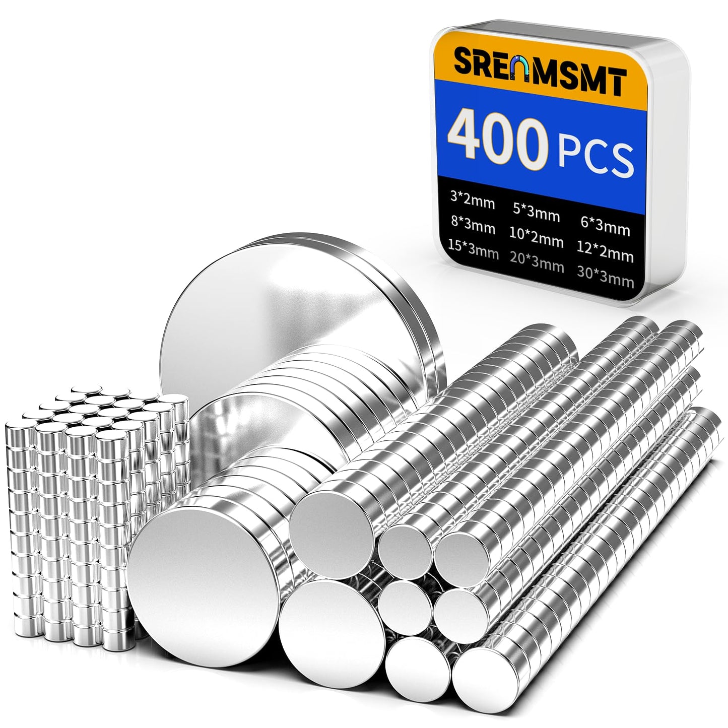 SRENMSMT Small Magnets, 400 Pack Refrigerator Magnets of 8 Different Sizes, Rare Earth Magnet Neodymium Magnet for Crafts, DIY, Whiteboard, Billboard in Home, Kitchen, Office, School