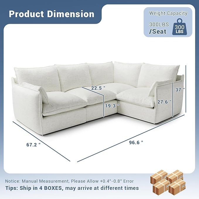 Lopzeho Cloud Modular Sectional Sofa, Waterproof Down Filled Sectional Sofas, High Backrest 4 Seater Sectional Couches for Living Room, Modern Modular Couch with Removable Cover, Cream White