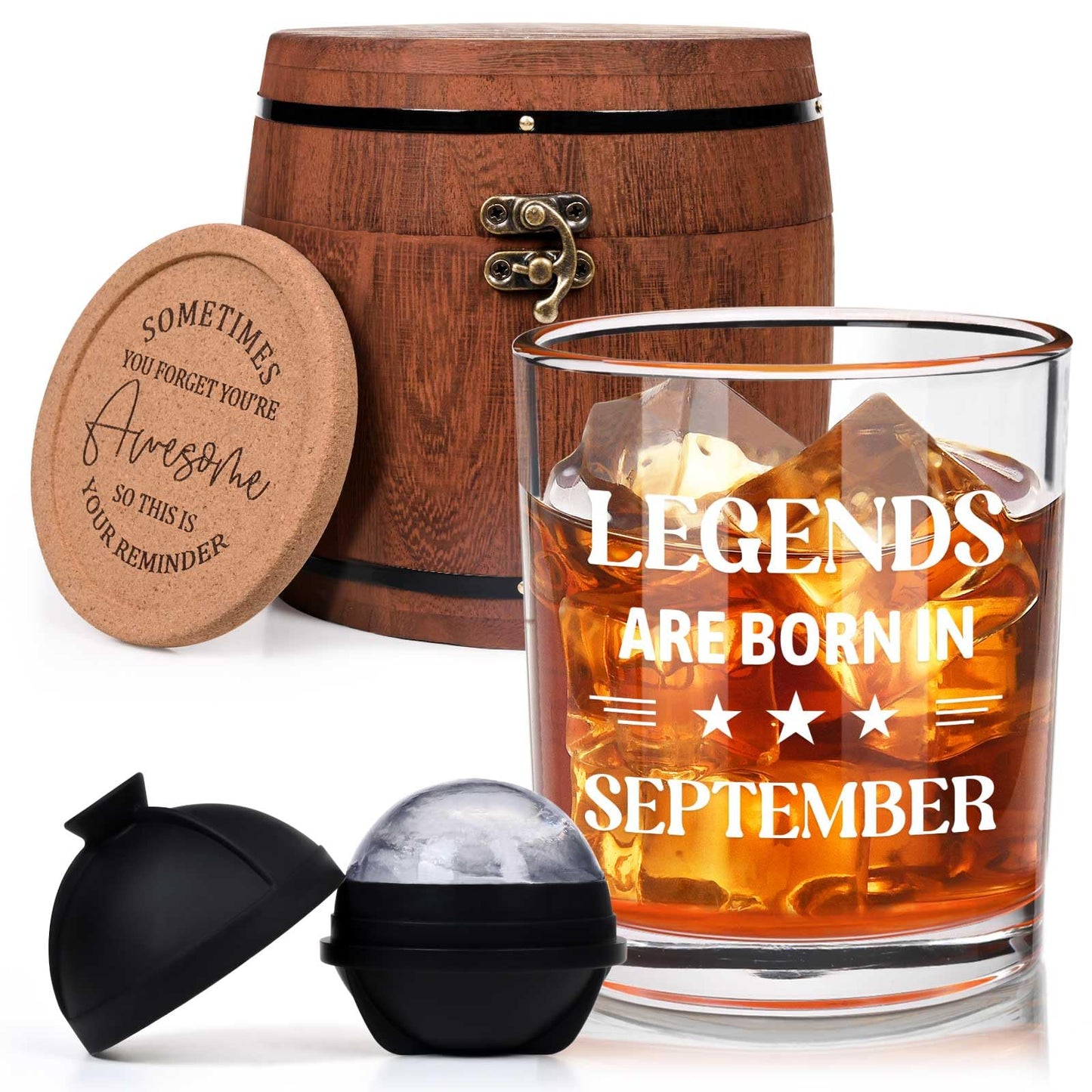Futtumy Legends Are Born In September, 10 Oz Whiskey Glass with Wooden Barrel, Birthday Gifts for Men, September Birthday Gifts, 40th 50th 60th Mens Birthday Gift Ideas for Dad Grandpa Husband Son