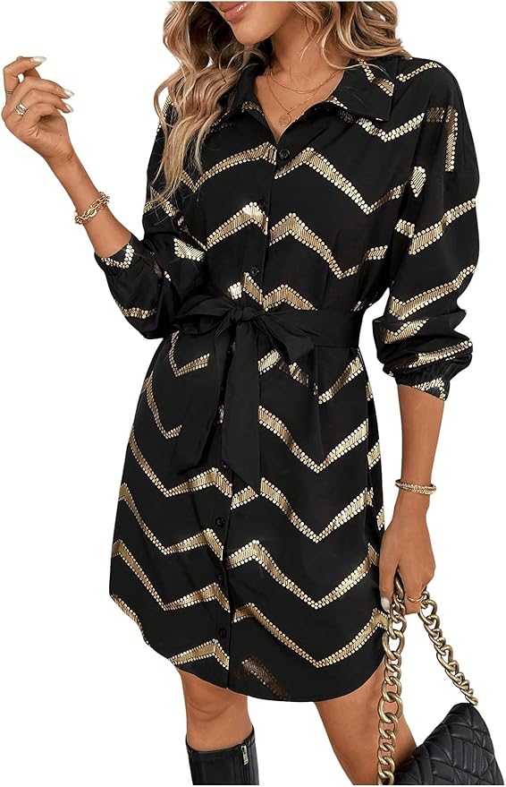 SweatyRocks Women's Metallic Gold Long Sleeve Dresses Collar Shirtdress Casino Night Party Outfit