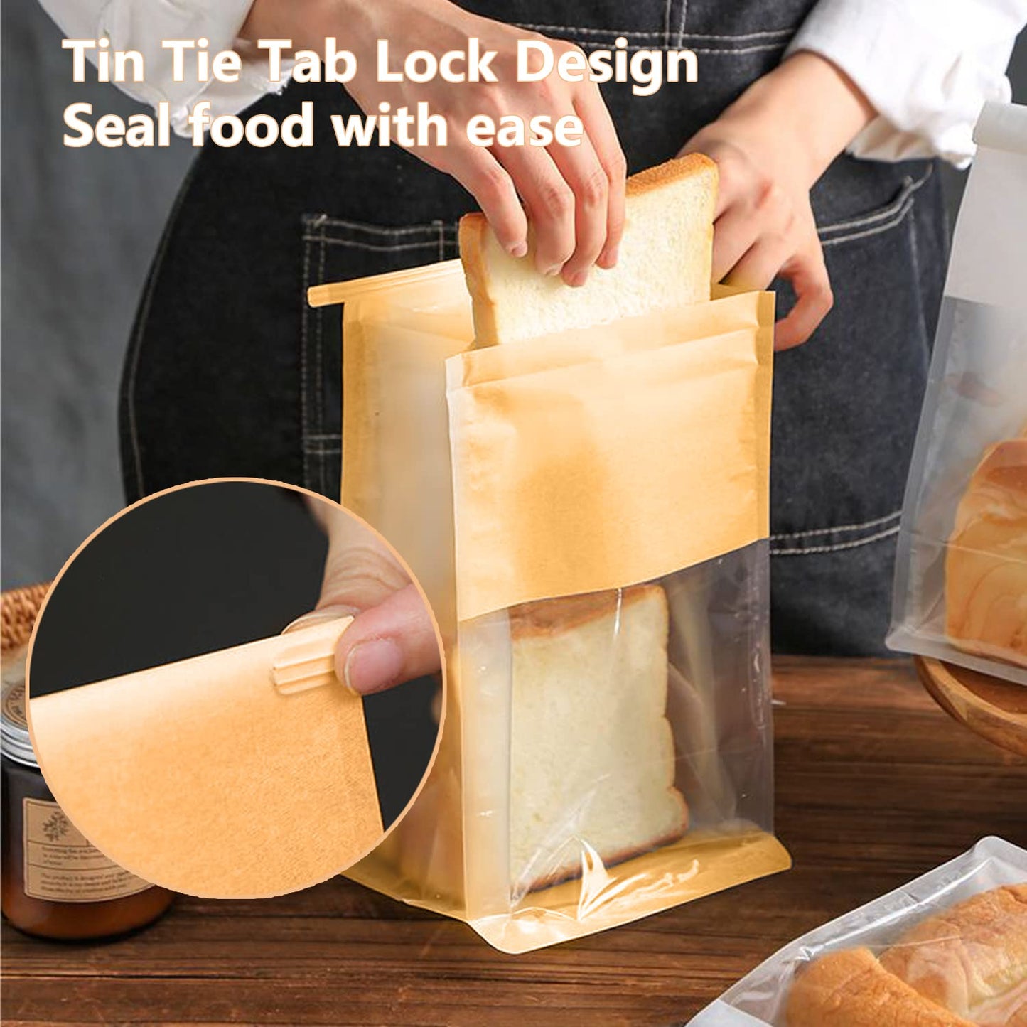 50 PCS Bread Bags for Homemade Breads, 11x5.1x3.9 Inch Resealable Cookie Bags with Tin Tie Tab Lock, Paper Bakery Bag with Window for Packaging Bagels, Muffin, Scone, Brownie, Baked Goods Storage