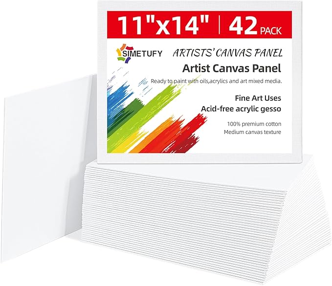 Simetufy 11 x 14 inch 42 Pack Flat Painting Canvas Boards- Gesso Primed Acid-Free 100% Cotton Canvas Panels for Acrylics Oil Watercolor Tempera Paints