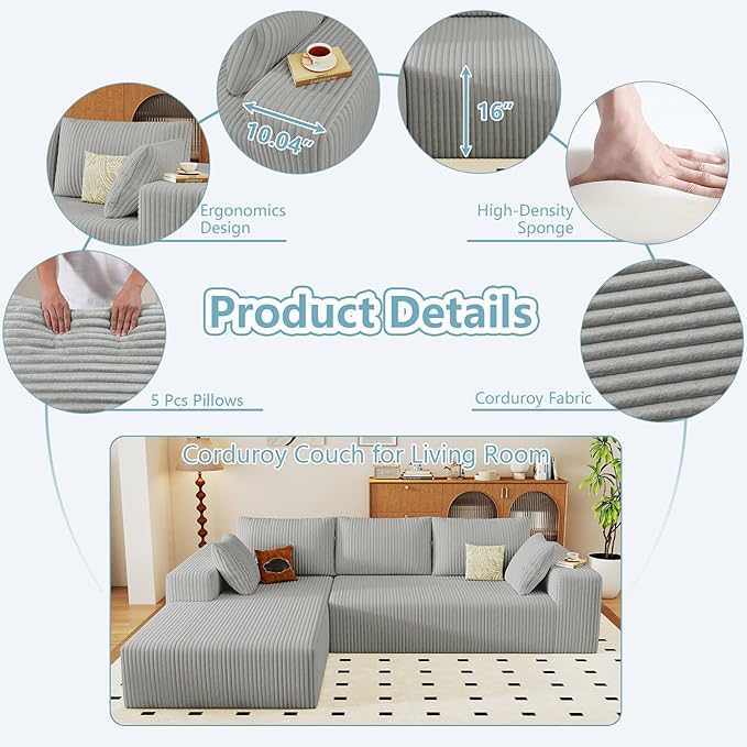 96" Cloud Sectional Couch with L-Shape Chaise, Modern Corduroy Boneless Couch for Living Room,Memory Foam Sofa with Deep Seat,No Assembly Required (Grey,Left-Facing Chaise)