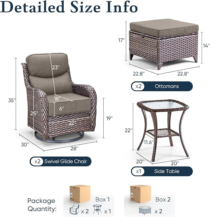 Belord Luxury 6" Thick Cushioned 5 Pieces Patio Furniture Set with 2 Ottomans, Wicker Outdoor Conversation Set with High Back Swivel Rocker Patio Chairs for Deck Porch Yard and Poolside - Brown+Grey