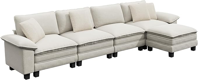 MIXPATIO 157-Inch L Shaped Sectional Sofa with Cloud Cushions, Deep Seat Modular Couch Set w/ 5 Seats & 1 Ottomans, Removable Arms, Plush Chenille Upholstery for Living Room, Apartment - Beige