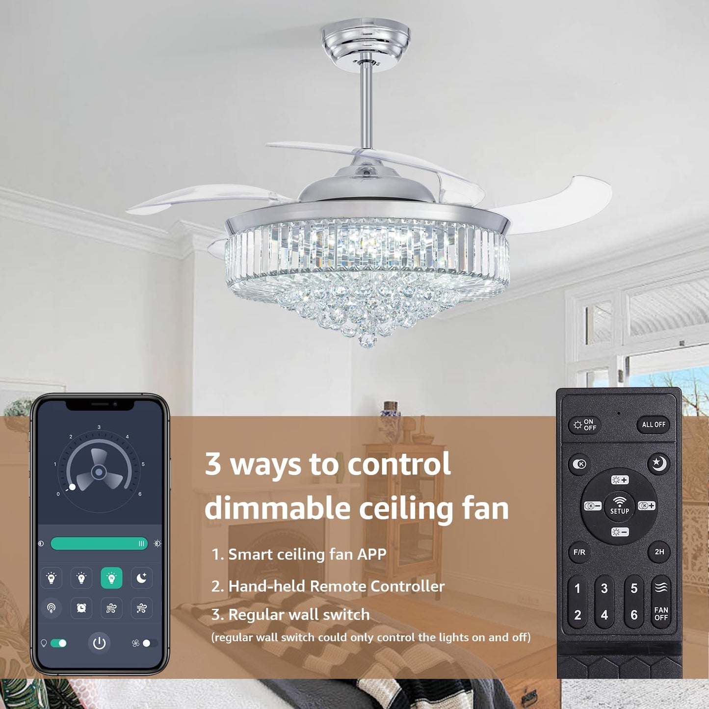 MOOONICHE 52 Inch Fandelier Ceiling Fan with Lights and Remote, Dimmable Crystal Chandelier Fan, LED Crystal Fan Light Kit for Dining Room Bedroom-Chrome