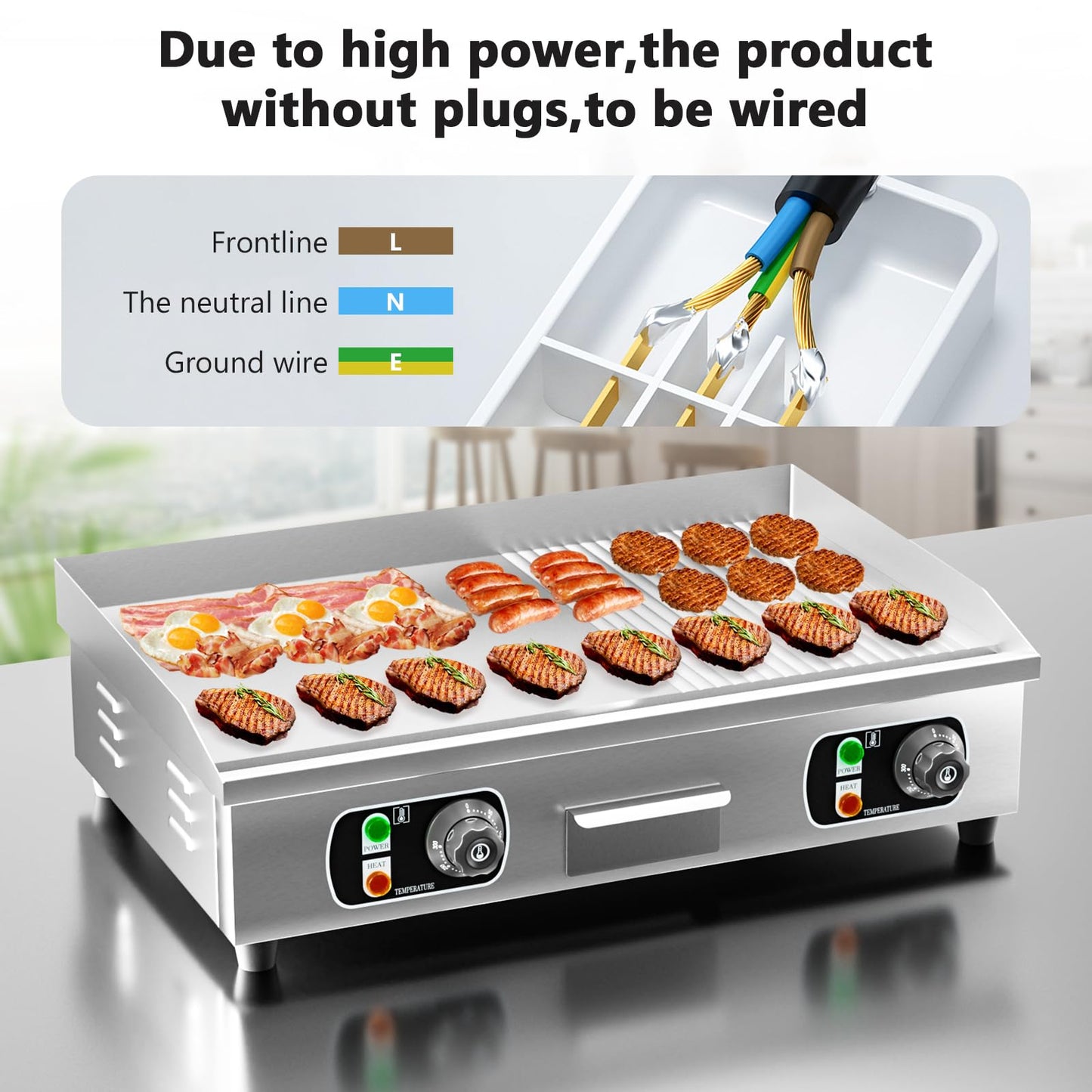29" Commercial Electric Countertop Griddle,110V 3000W Flat Top Grill Hot Plate BBQ,Adjustable Thermostatic Control 122°F-572°F,Stainless Steel Restaurant Grill for Kitchen(NO PLUG)