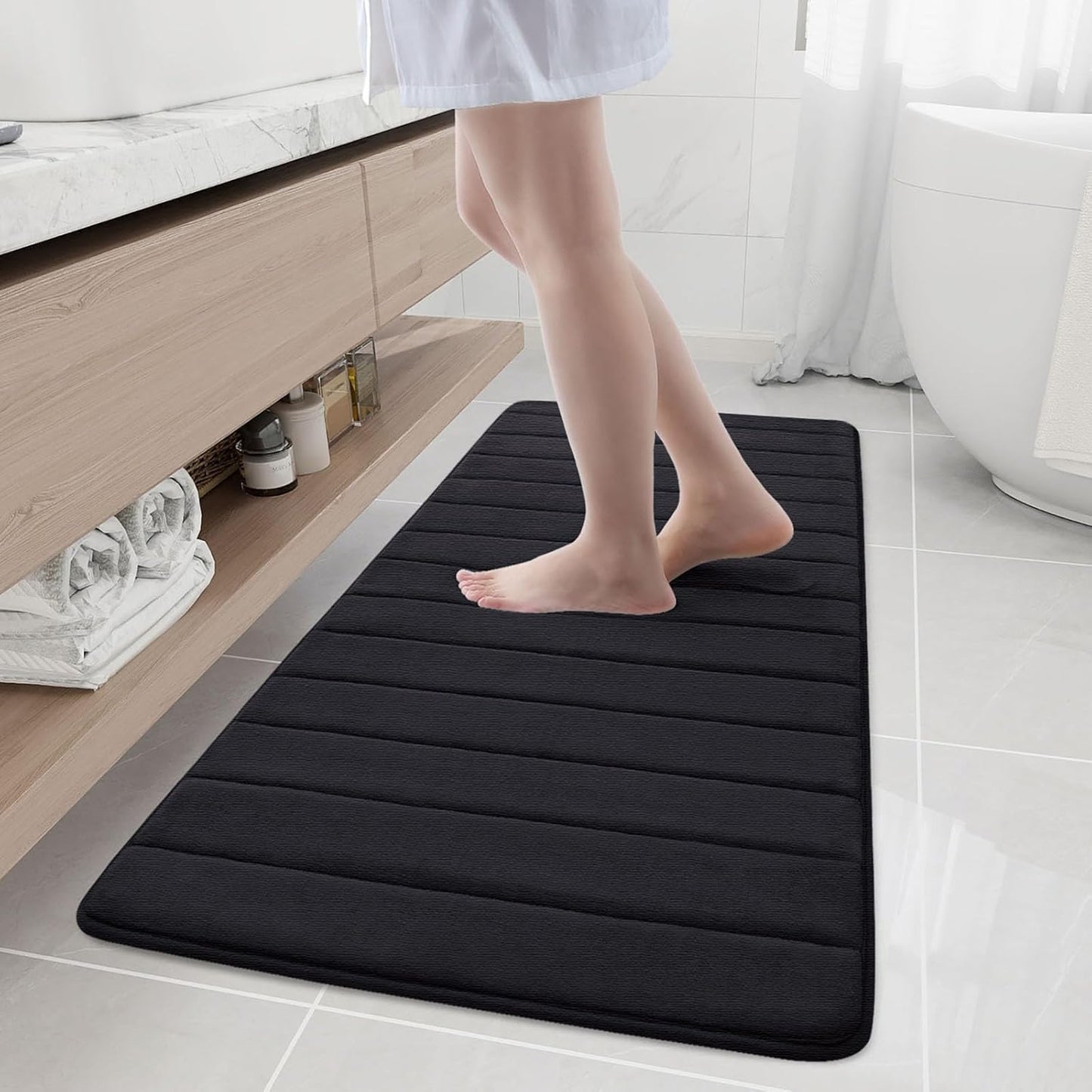 Buganda Memory Foam Bath Mat, 55" x 24", Ultra Soft and Non-Slip Bathroom Rugs, Water Absorbent and Machine Washable Bath Rug Runner for Bathroom, Shower, and Tub, Black