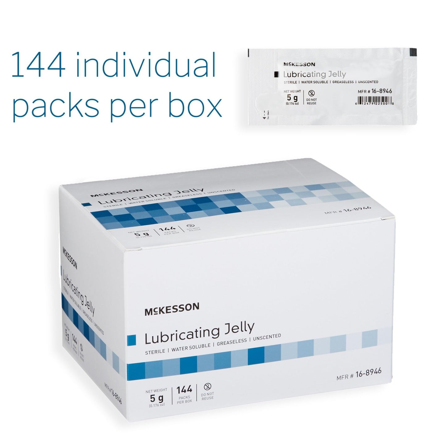 McKesson Lubricating Jelly, 5 g [144 Count] Water Based Non-Sticky Lube, Water Soluble Lubricant Gel - for Surgical, Medical, Personal – Sterile Individual Packets