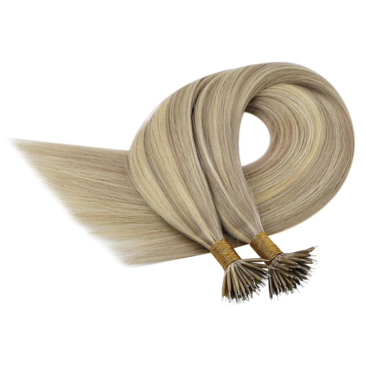 Easyouth Nano Ring Hair Extensions Real Hair Natural Nanos Hair Extensions Golden Blonde Highlight Medium Brown Nano Beads Exten