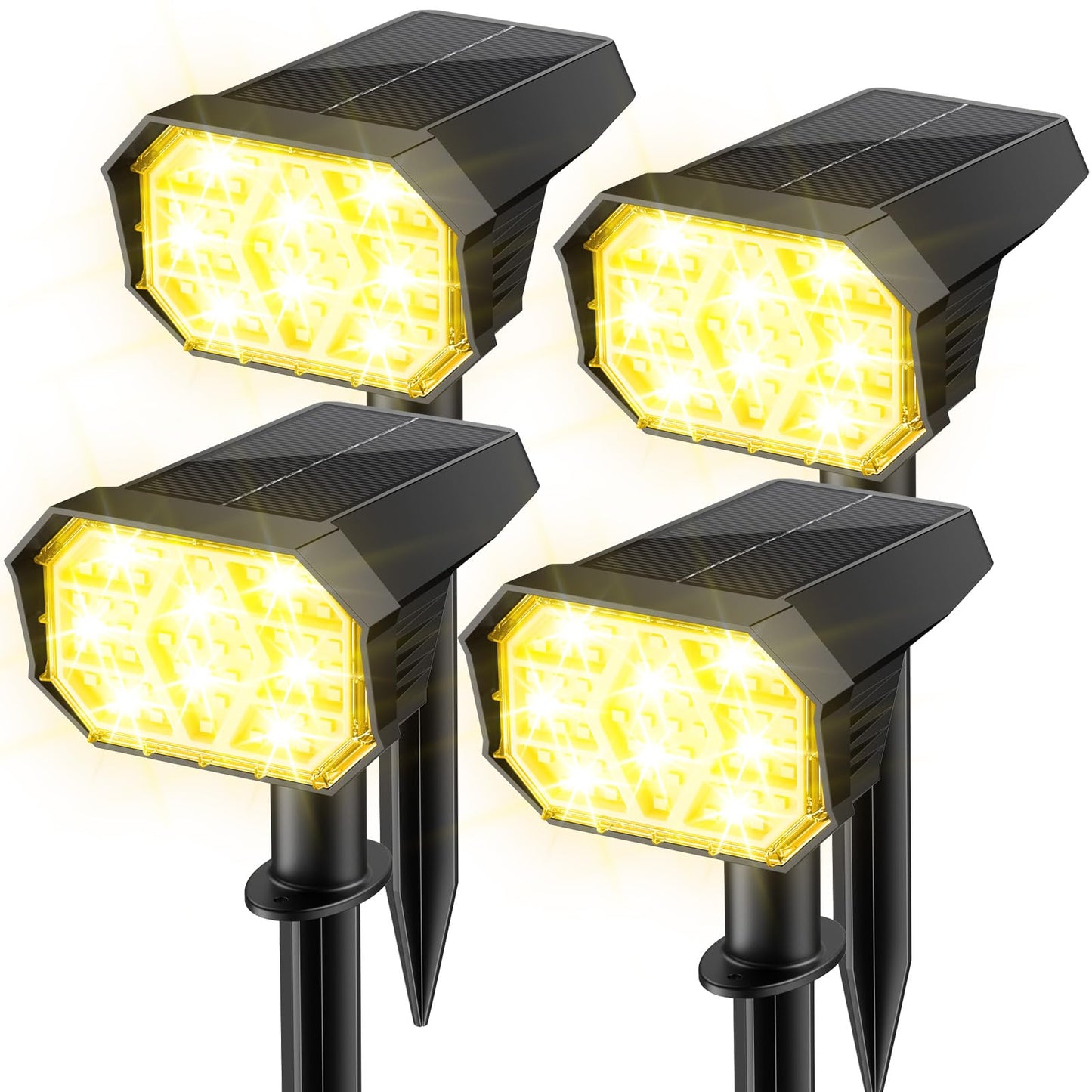 Brightown Solar Lights Outdoor with 58 LED & Auto ON/Off, IP67 Solar Spot Lights Outdoor with 3 Light Intensities. 2-in-1 Outdoor Solar Lights for Yard, Gardens, Flag and Pathways. 4Pcs (Warm White)