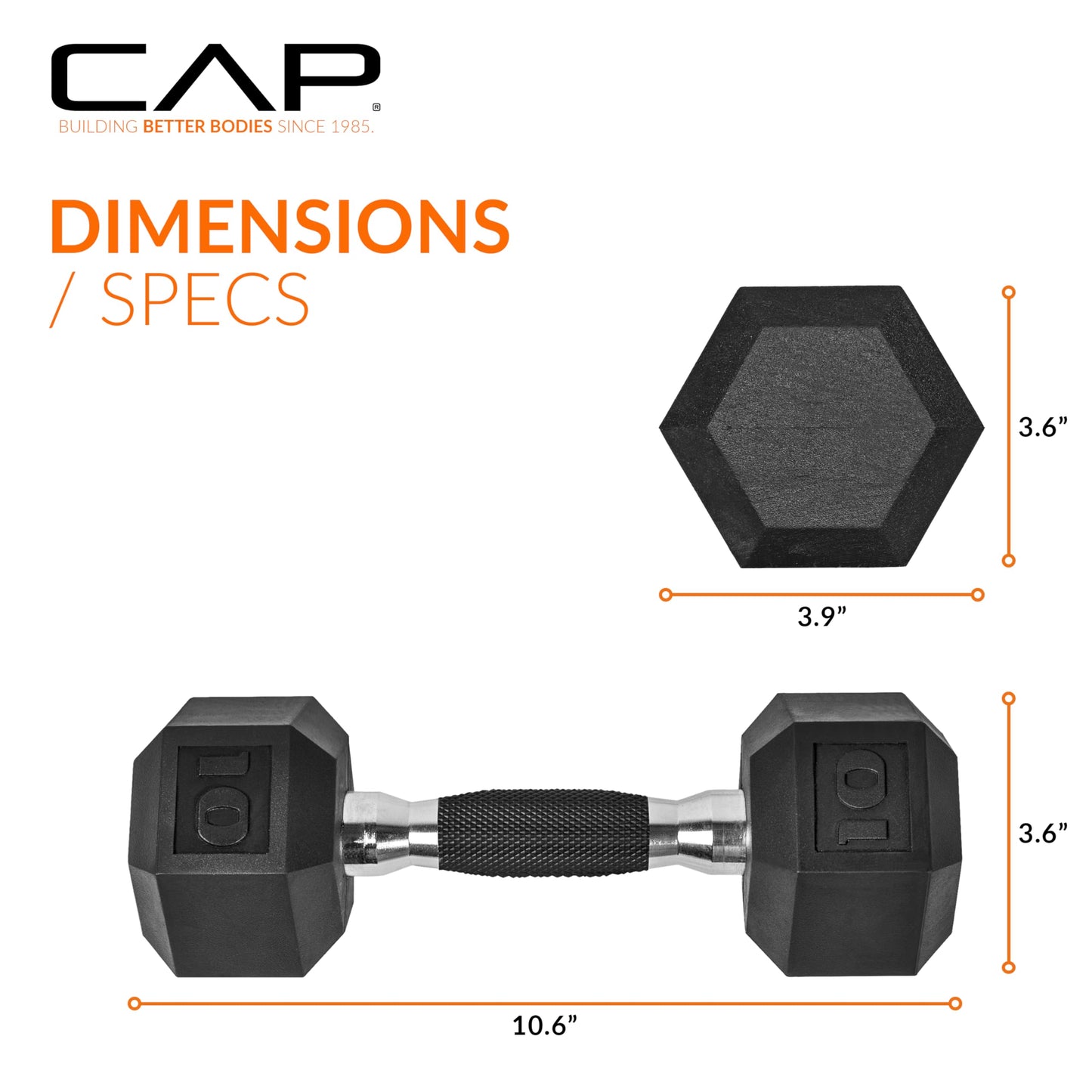CAP Barbell 10 LB Rubber Coated Hex Dumbbell Hand Weight with Padded Grip - Single | Comfort Grip