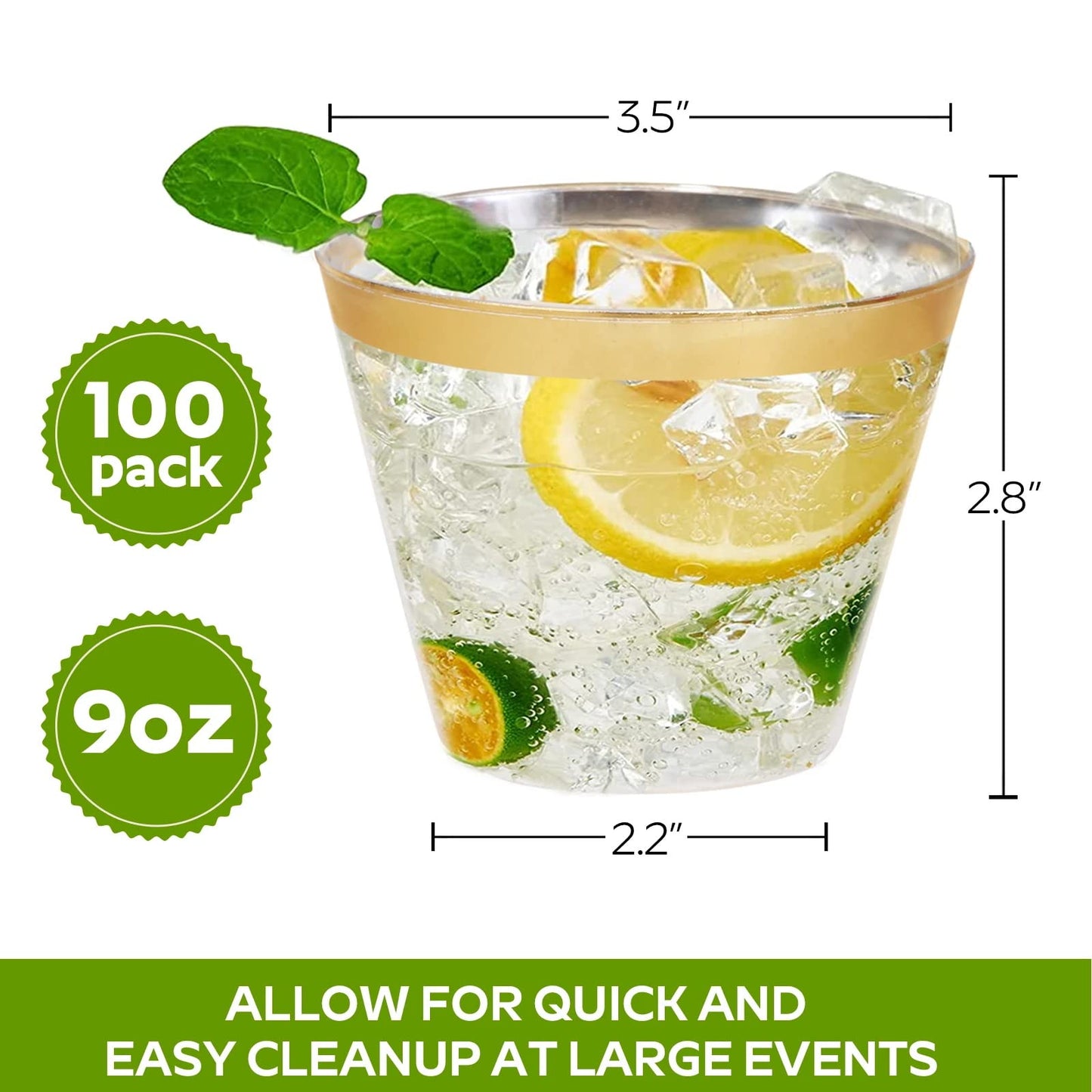 Tobvory 100 Pack Gold Rimmed Plastic Cups - 9 oz Hard Clear Plastic Cups, Premium Disposable Cup For Cocktail And Drinking - Food Grade Party Cups Set - Sturdy Tumbler Cup - Gold Rim