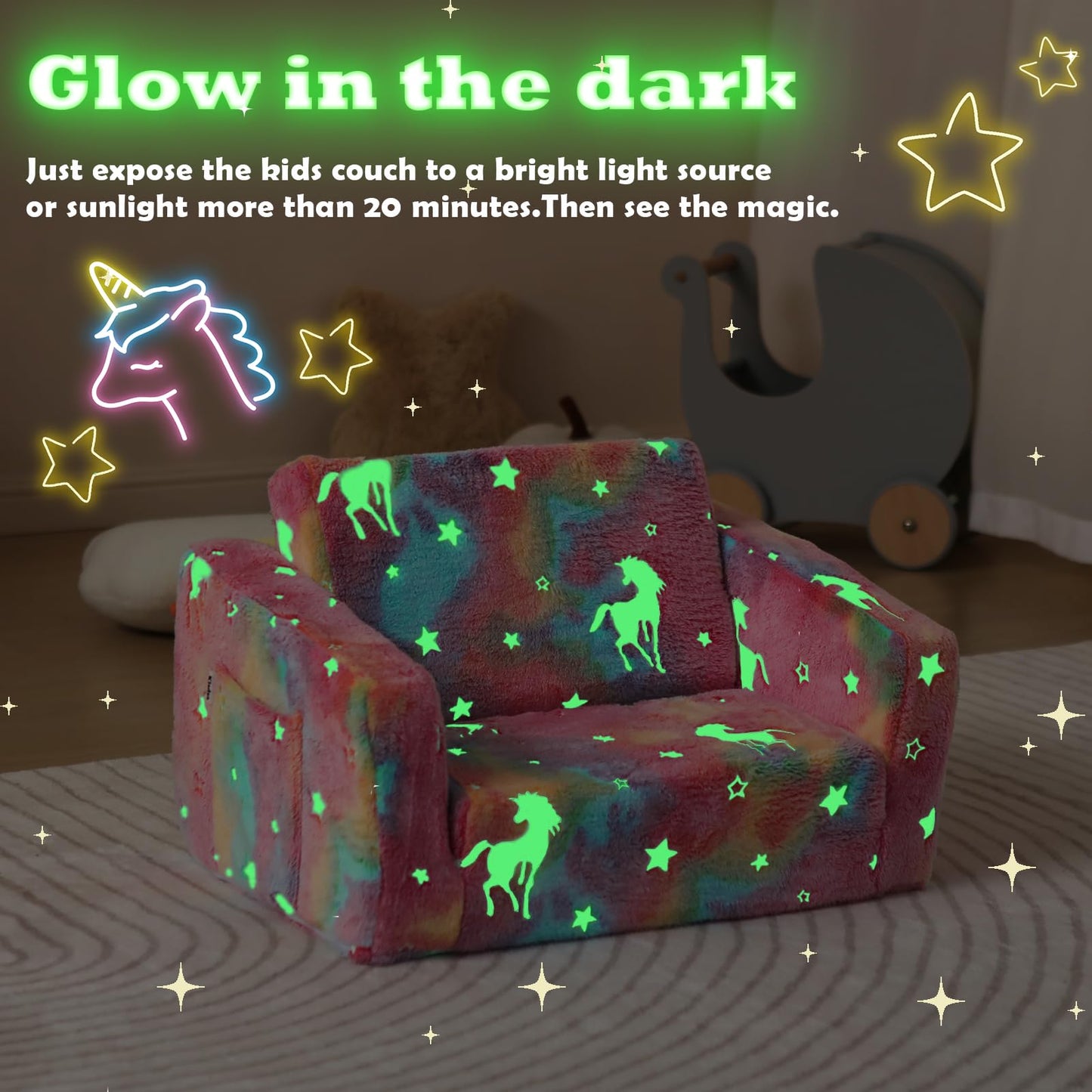 Kisdsa Toddler Couch Fold Out, Foldable Toddler Chair with Blanket, Kids Couch for Girls & Boys, Flip Out Kids Sofa, Convertible Sofa to Lounger for Children Age 1-3 (Glow Pink)