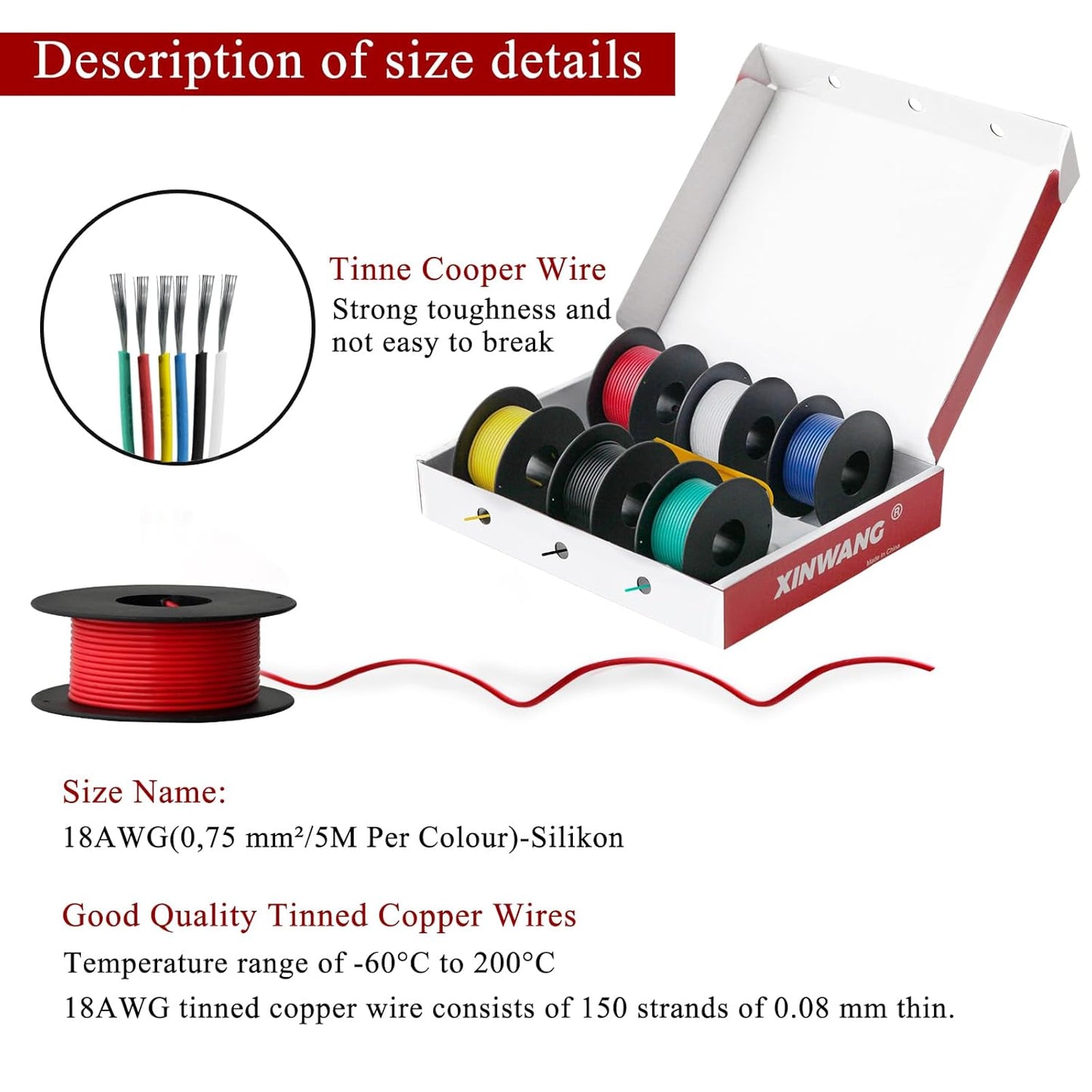 18 Gauge Electrical Wire,18 awg Silicone Wire-XINWANG 18 Gauge Stranded Tinned Copper Wire with Silicone Insulation(OD: 2.3 mm) 6 Colors,16.5ft Each, Hook Up Wire Kit