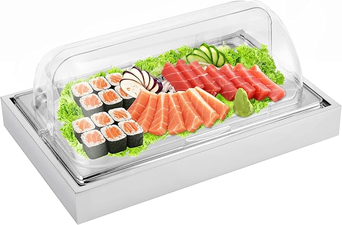 YMJOINMX Ice Food Serving Display Tray with Clear Roll Top Cover Buffet Cold Serving Cooler Platter w/ 2 Ice Packs Cooling...