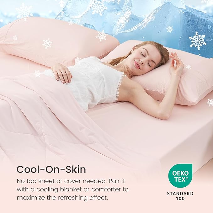 Cozy Bliss Premium Cooling Sheet Set King Size, Q-Max>0.4, 3PCS No Flat Sheet with 2 Pillowcases, Breathable Fitted Sheet for Hot Sleepers & Night Sweats, Deep Pocket Up to 18 Inches, Pink