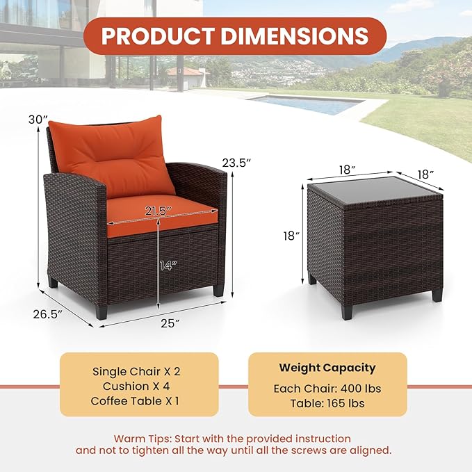 ORALNER 3 Pieces Patio Furniture Set, Outdoor Wicker Conversation Set Rattan Chairs with Cushions, Glass Coffee Table, Bistro Set for Front Porch Balcony Garden Deck Poolside (Orange)
