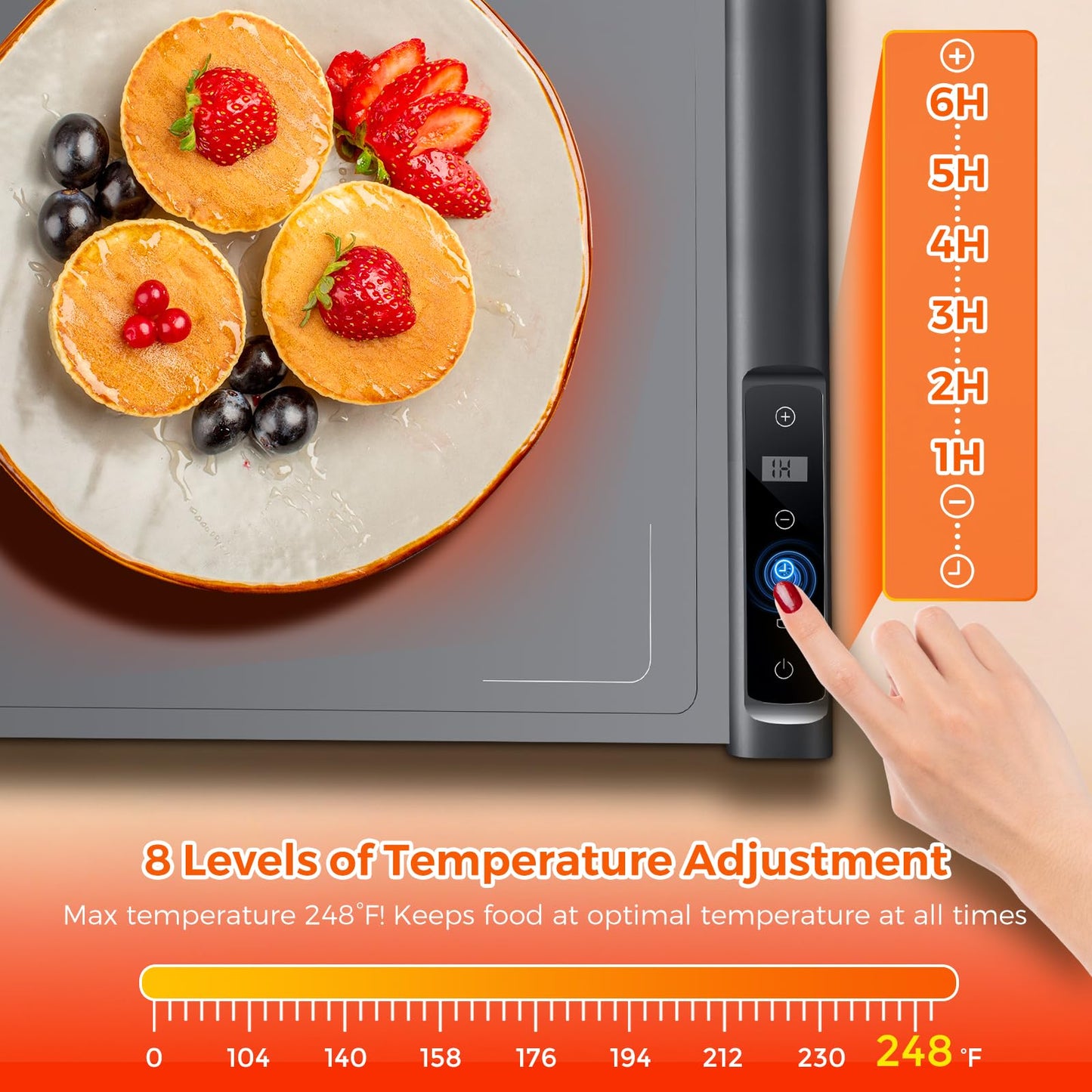 Warming Mat for Food | Max Temp 248℉,Fast Full-Surface Food Warmer with 8-Level Adjustable and Timer,Roll-Up & Portable Silicone Food Heating Pad with Child Lock,Electric Warming Tray for Buffet Party
