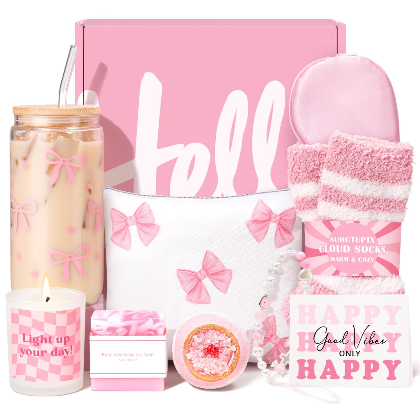 Gift Baskets for Women, 9pcs Unique Happy Birthday Gifts for Women, Best Christmas Ideas Box w/Coquette Bow Aesthetic Cup for Her Teen Girl Sister Friend Friendship Sweet 16th 18th 21st Bday