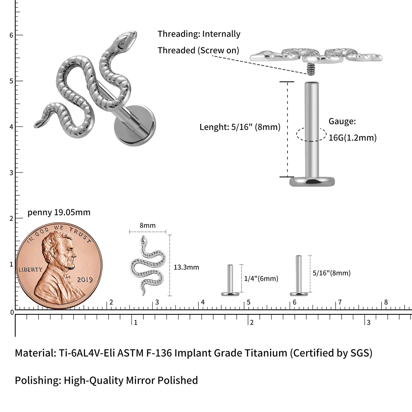 FINE4U 16G Snake Piercing Jewelry for Flat, Helix - ASTM F136 Titanium Hypoallergenic Cartilage Earring, Internally Threaded Nic