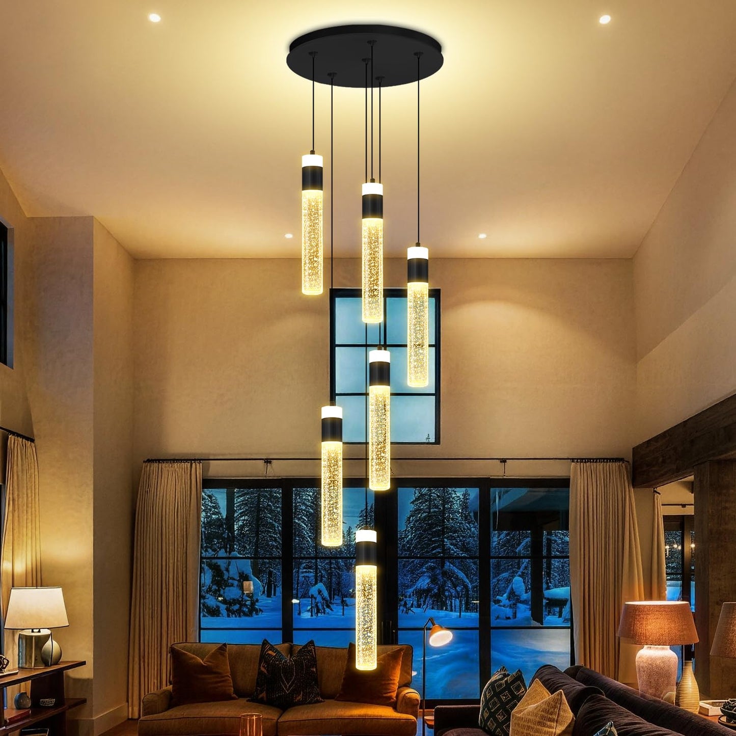 IDEQUY 6-Lights Modern Crystal Column Chandelier for Living Room Foyer Long Crytsal Chandeliers Pendant Lighting Flush Mount Hanging Light Fixture for Living Room Foyer Entryway