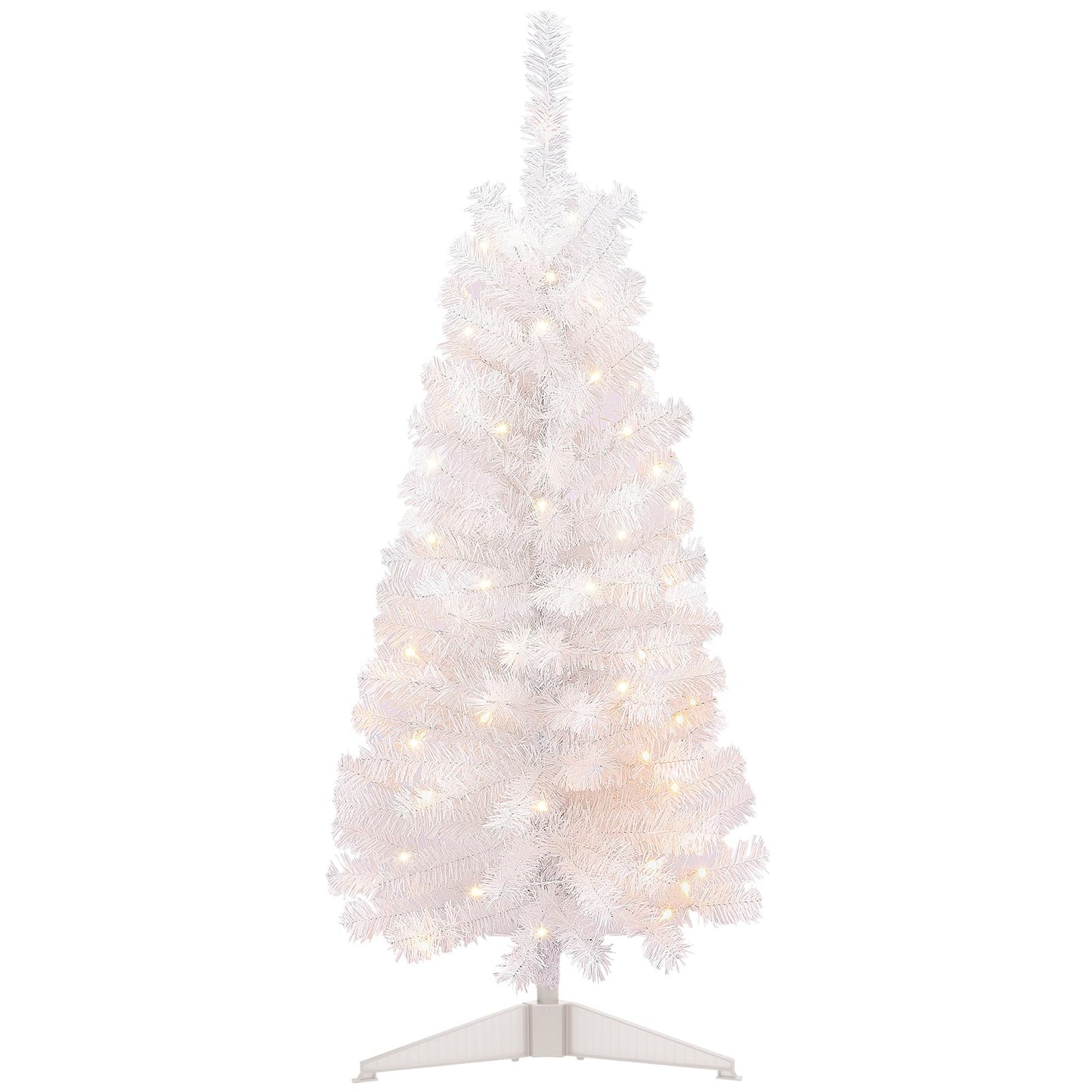 Decoway Pre-Lit Artificial Christmas Tree, 4ft Slim White Tinsel Christmas Tree with Warm White LEDs, Battery Operated - Includes Stand, Fire Retardant PVC for Small Spaces, Home Indoor Decoration