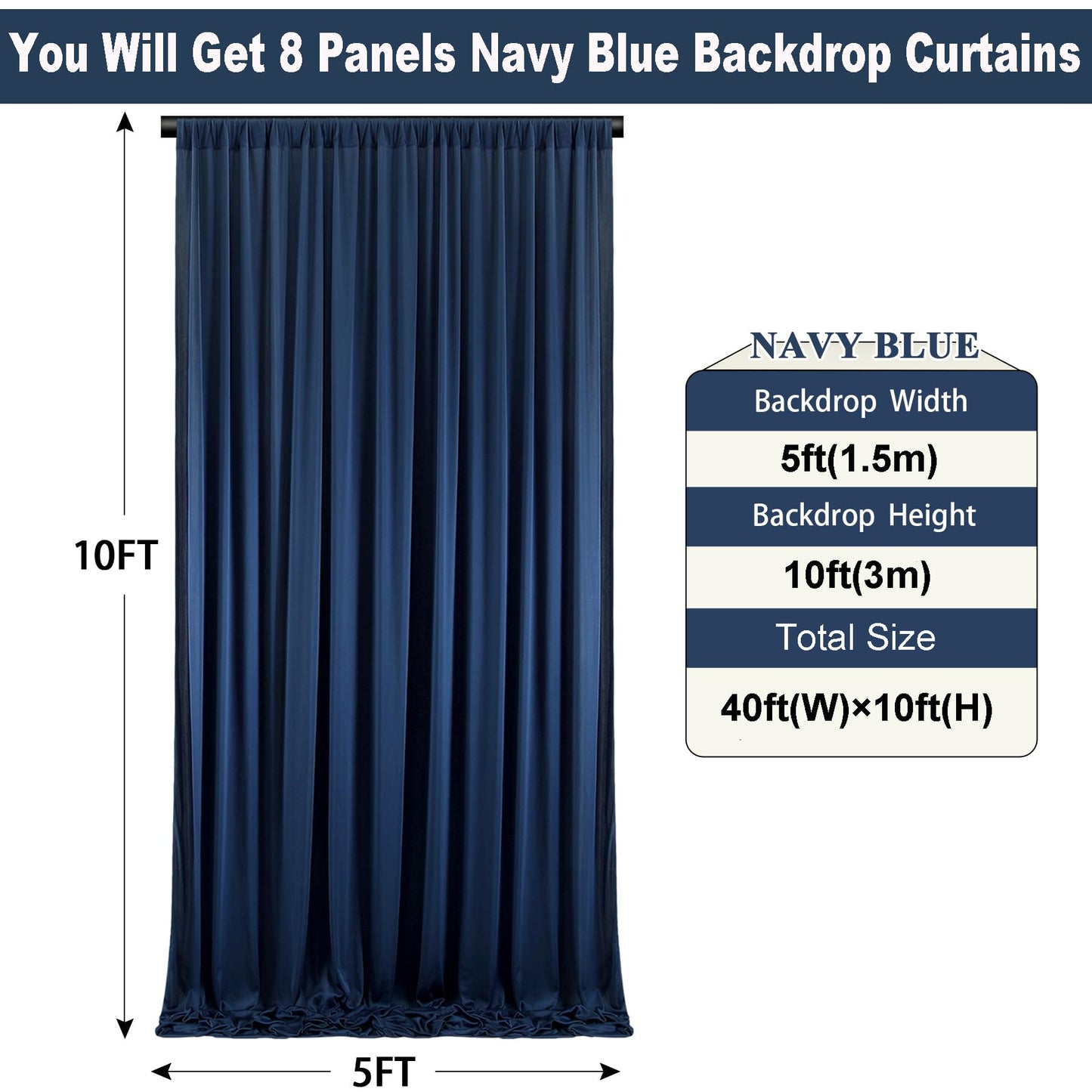 40ft×10ft Navy Blue Wrinkle Free Backdrop Curtains for Parties, 8 Panels 5×10ft Thick Silky Polyester Navy Photo Backdrop Drapes Curtains for Graduation Party Birthday Baby Shower Wedding Photography