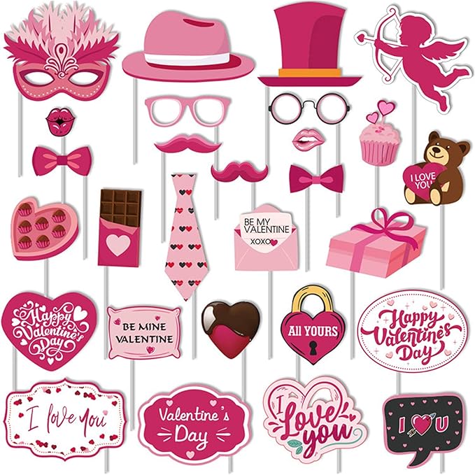 Valentines Day Photo Booth Props Kit, 28PCS Photography Props, Funny DIY Picture Selfie Accessories for Valentine’s Day We...
