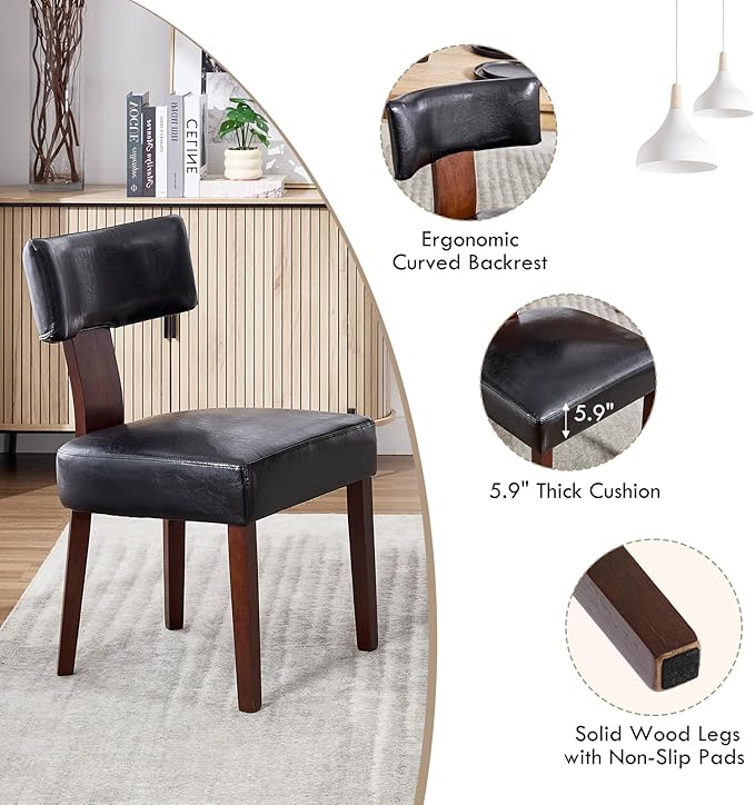 KHISCHMO Mid Century Modern Dining Chairs, Upholstered Pu Leather Fabric Chairs with Curved Backrest and Wood Legs, Comfy Kitchen Vanity Chairs for Dining Room/Living Room/Kitchen, Set of 6 Black
