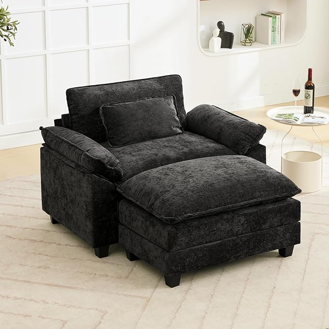Oprisen 53" Modular Sectional Sofa, Comfy Cloud Couch Sectional Sofa with Ottoman, Chenille Sofa Sleeper Deep Seat Sofa with Throw Pillows for Living Room (Black)