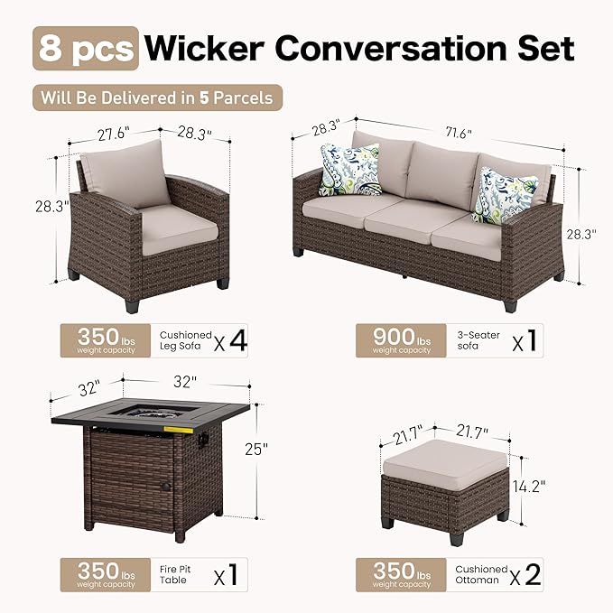 SUNSHINE VALLEY Patio Furniture Set Outdoor Furniture Brown Wicker Rattan Patio Conversation Sets with Cushion Outside Sofa Set,7 Pieces with Firepit Table,9 Seats,Beige