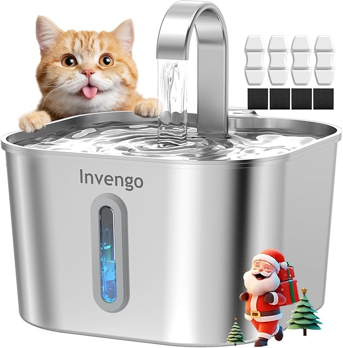 Cat Water Fountain Stainless Steel: 74oz/2.2L Cat Fountain for Drinking | Quiet Cats Water Bowl Dispenser | Pet Water Foun...