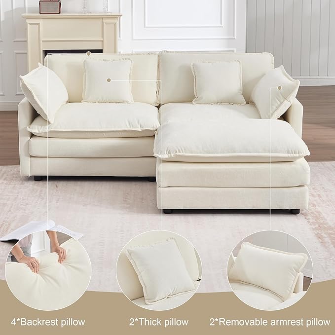 KIVENJAJA Chenille L-Shaped Modular Sectional Sofa, Modern Loveseat Comfy Deep Seat Cloud Couch with Ottoman/Chaise & 4 Pillows for Living Room Office Apartment, 76.7" W, Beige
