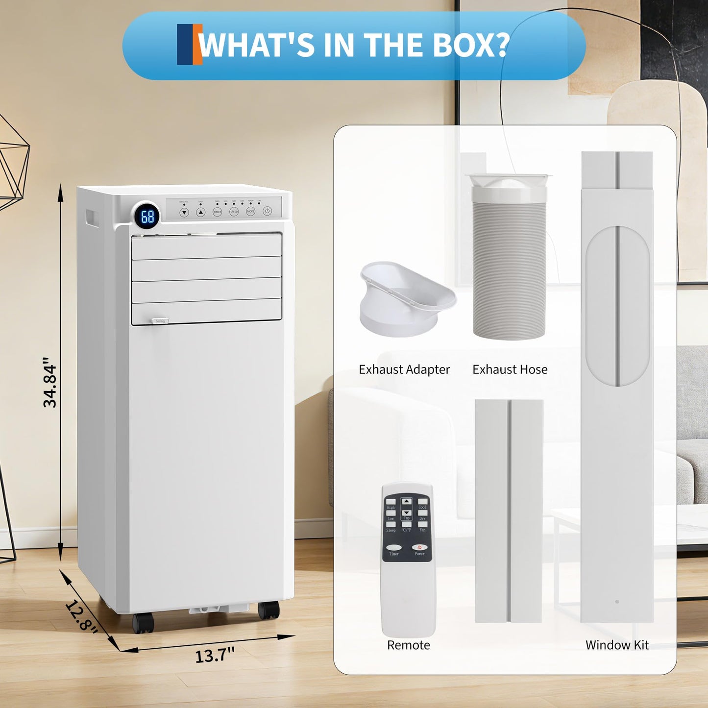 Portable Air Conditioners 8,000 BTU, 4-IN-1 Portable AC Unit for Rooms to 350 Sq. Ft. with Cooling, Dehumidifier, Fan & Sleep Modes, LED Display, 24H Timer, Remote Control, Installation Kits Included