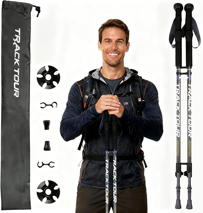 Carbon Fiber Trekking Poles Ultra Lightweight Hiking Poles Walking Sticks with Cork and EVA Foam Grips Quick Adjustable Fl...