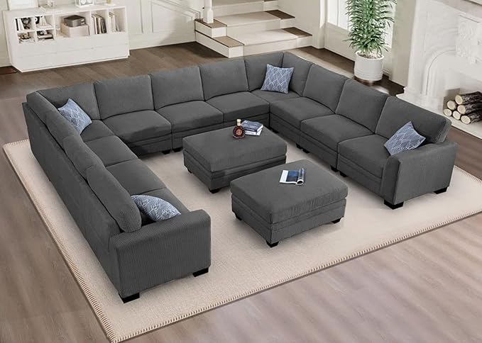 Legend Vansen Oversized Modular Sectional Sofa,8 Seat U Shaped Couch with Ottoman,Corduroy Sofa with Deep Seat,Convertible Large Sectional Couches for Living Room (Grey, U-13)