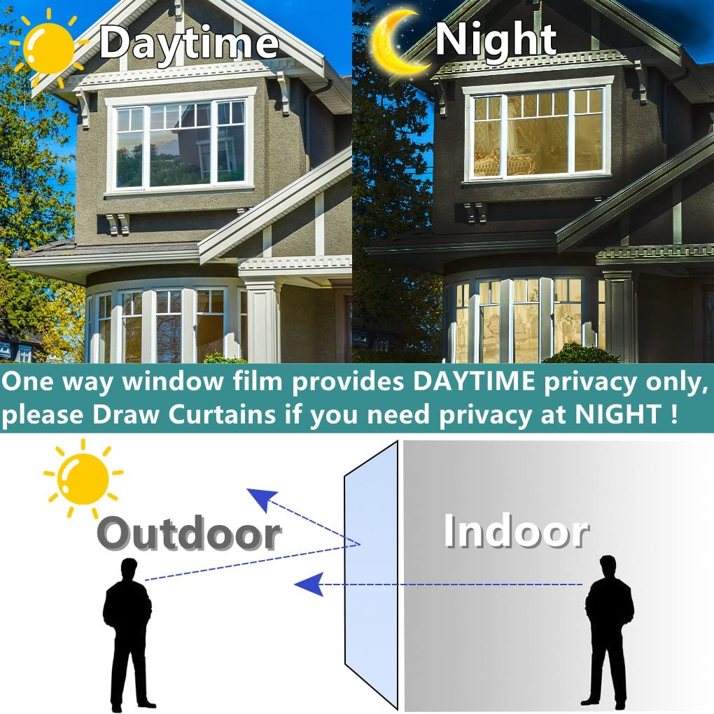 Arthome One Way Window Privacy Film Daytime Privacy Window Tint for Home Anti UV Static Cling Heat Control Reflective Glass Film for Home and Office, 23.6 Inch x 15.1 Feet, Silver