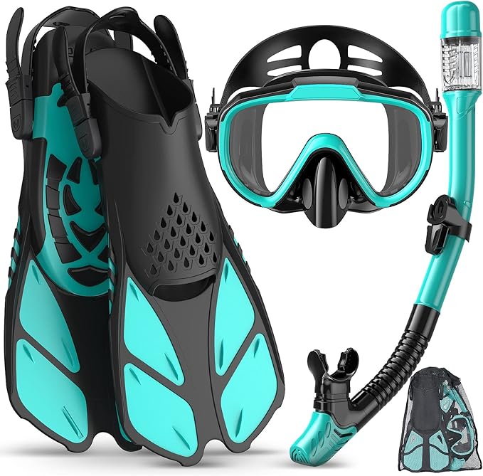 Ubekezele Snorkeling Gear for Adults Men Women,4 in 1 Snorkel Set with Panoramic View Diving Mask Anti-Fog Anti-Leak,Dry T...