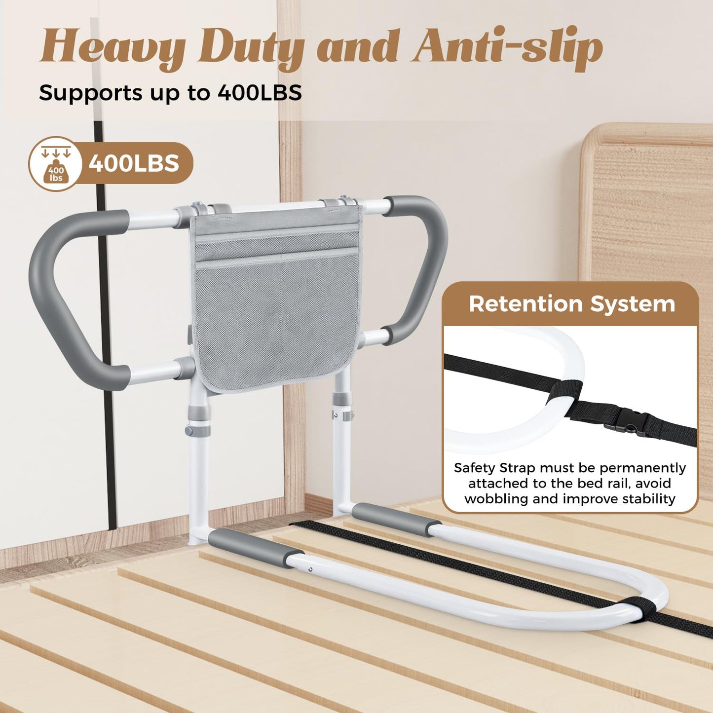 easymake Bed Rails for Elderly Adults Safety: Adjustable Bedside Assist Rails with Storage Pockets, Non-Slip Handles, Sensor Night Light, 400LB Gravity Capacity