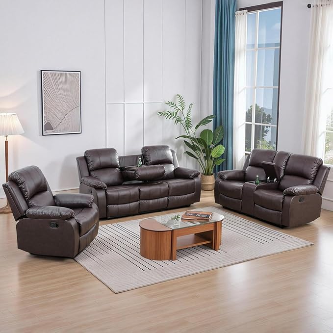 Caberryne Leather Recliner Sofa Set，Leather Reclining Couch for Living Room Furniture Sets，Brown Recliner Couch with 5 Recliners for Living Room/Office/Theater Seating(Sofa Set 3 Pieces)