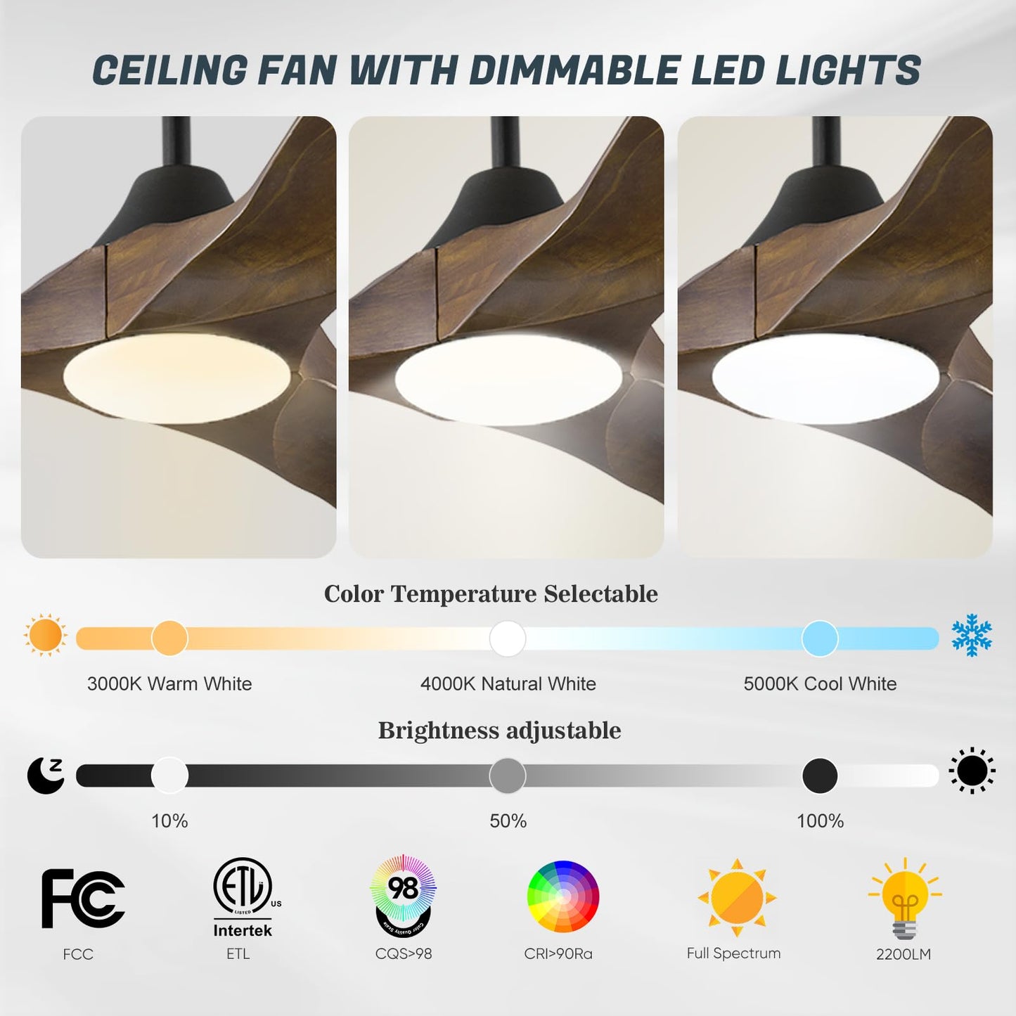 52 Inch Smart Ceiling Fan with Lights, Outdoor Ceiling Fans for Patios Damp Rated, 3 Blades Propeller Walnut Wood Farmhouse Ceiling Fan, Large Airflow DC Ceiling Fan with Remote/ APP/ Alexa Control
