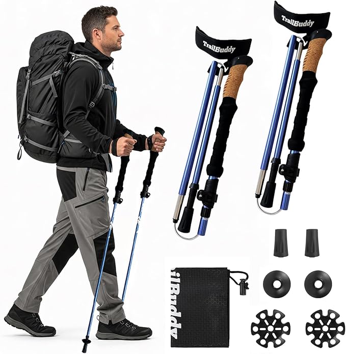 TrailBuddy Foldable Trekking Poles – Ultralight 7075 Aluminum, EVA & Cork Grip Collapsible Hiking Poles – Lightweight Adju...