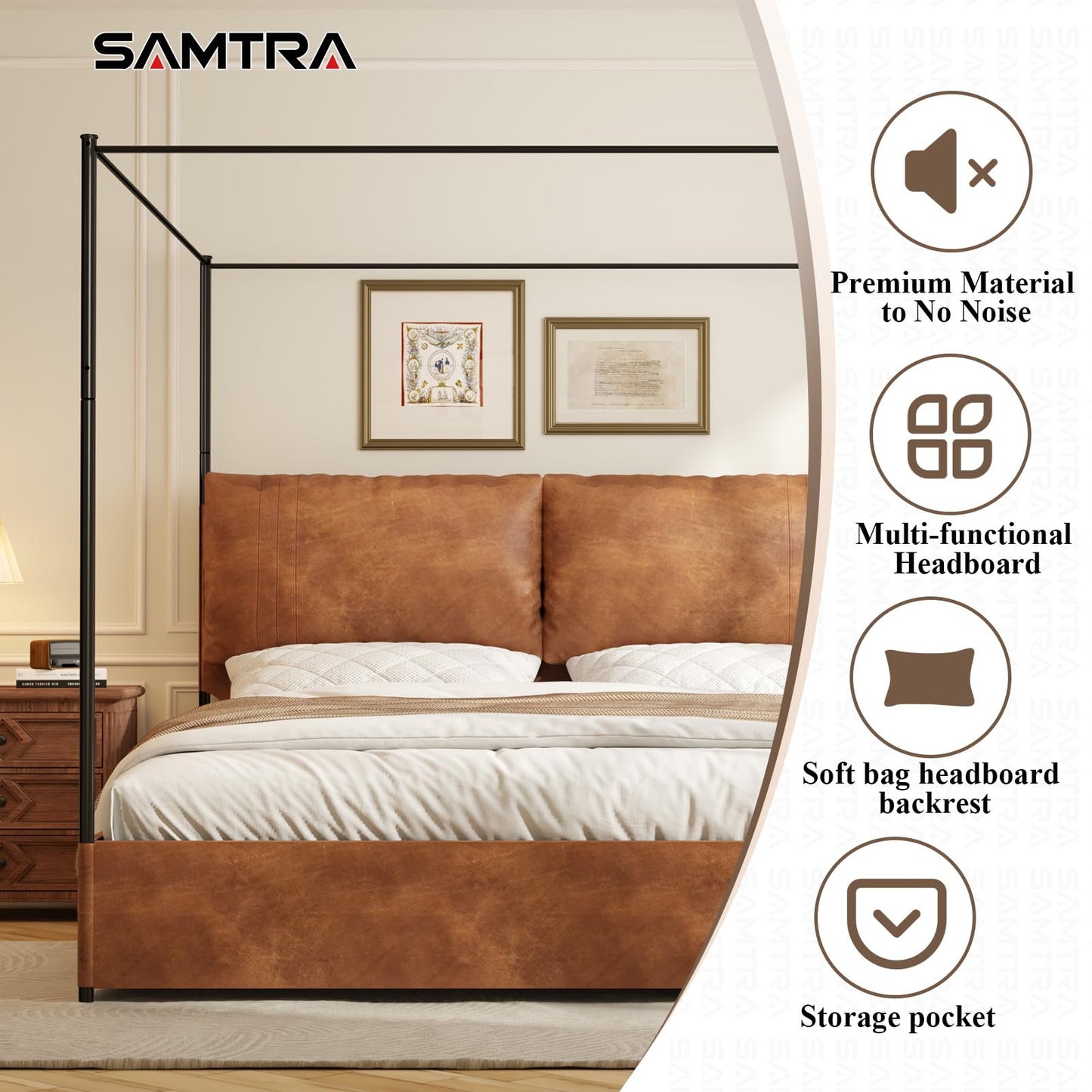 SAMTRA Modern Canopy Bed Frame with Upholstered Faux Leather Headboard – Tall Four Poster Metal Platform Bed, No Box Spring Needed, King Size, Brown and Black