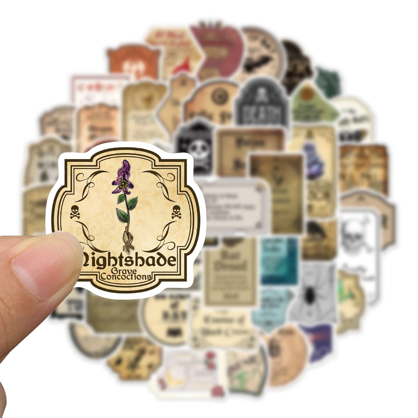 TWGOGOTIC Potion Label Stickers 50Pcs Magic Potion Stickers Water Bottle Waterproof Aesthetic Vinyl Laptop Luggage Skateboard Computer Stickers for Kids Teens Adult