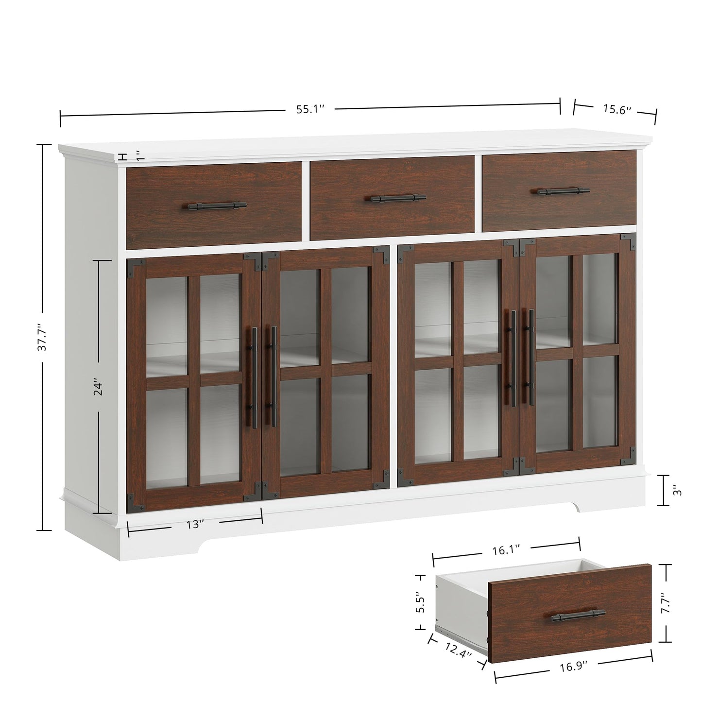 IRONCK Buffet Cabinet with Storage, 55" Large Sideboard Buffet Storage with LED Lights, Farmhouse Coffee Bar Wood Liquor Cabinet for Kitchen, Dining Room, Red Walnut